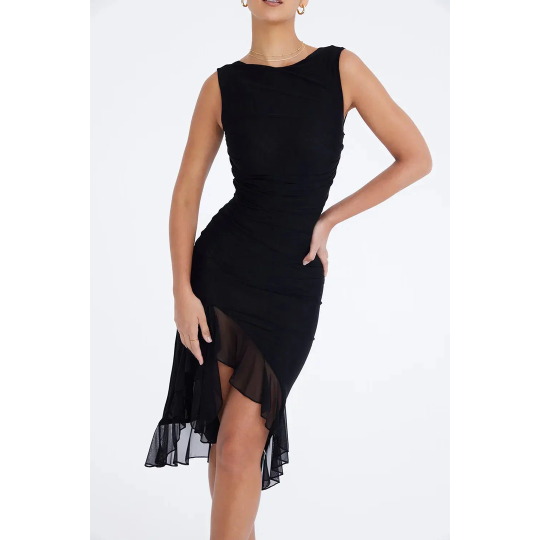 Women Sleeveless Midi Dress Asymmetric Ruffle Hem