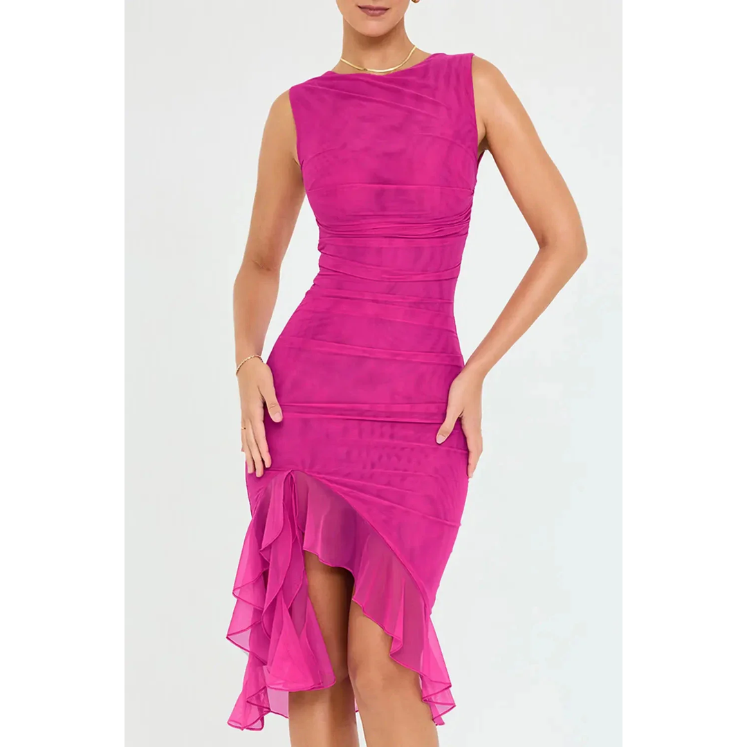Women Sleeveless Midi Dress Asymmetric Ruffle Hem
