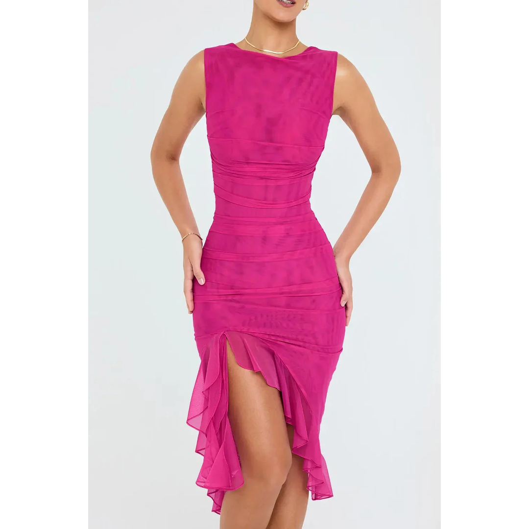 Women Sleeveless Midi Dress Asymmetric Ruffle Hem