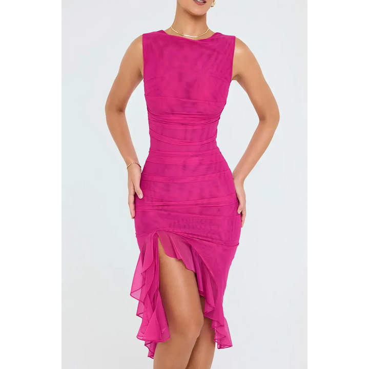 Women Sleeveless Midi Dress Asymmetric Ruffle Hem
