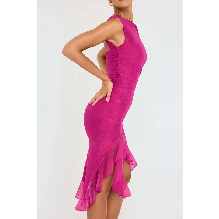Women Sleeveless Midi Dress Asymmetric Ruffle Hem
