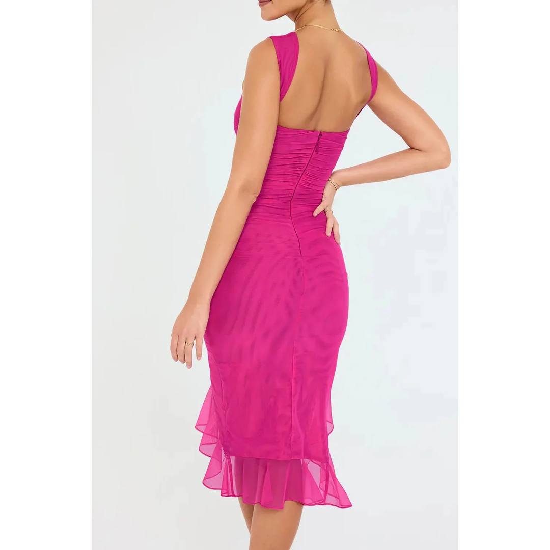 Women Sleeveless Midi Dress Asymmetric Ruffle Hem