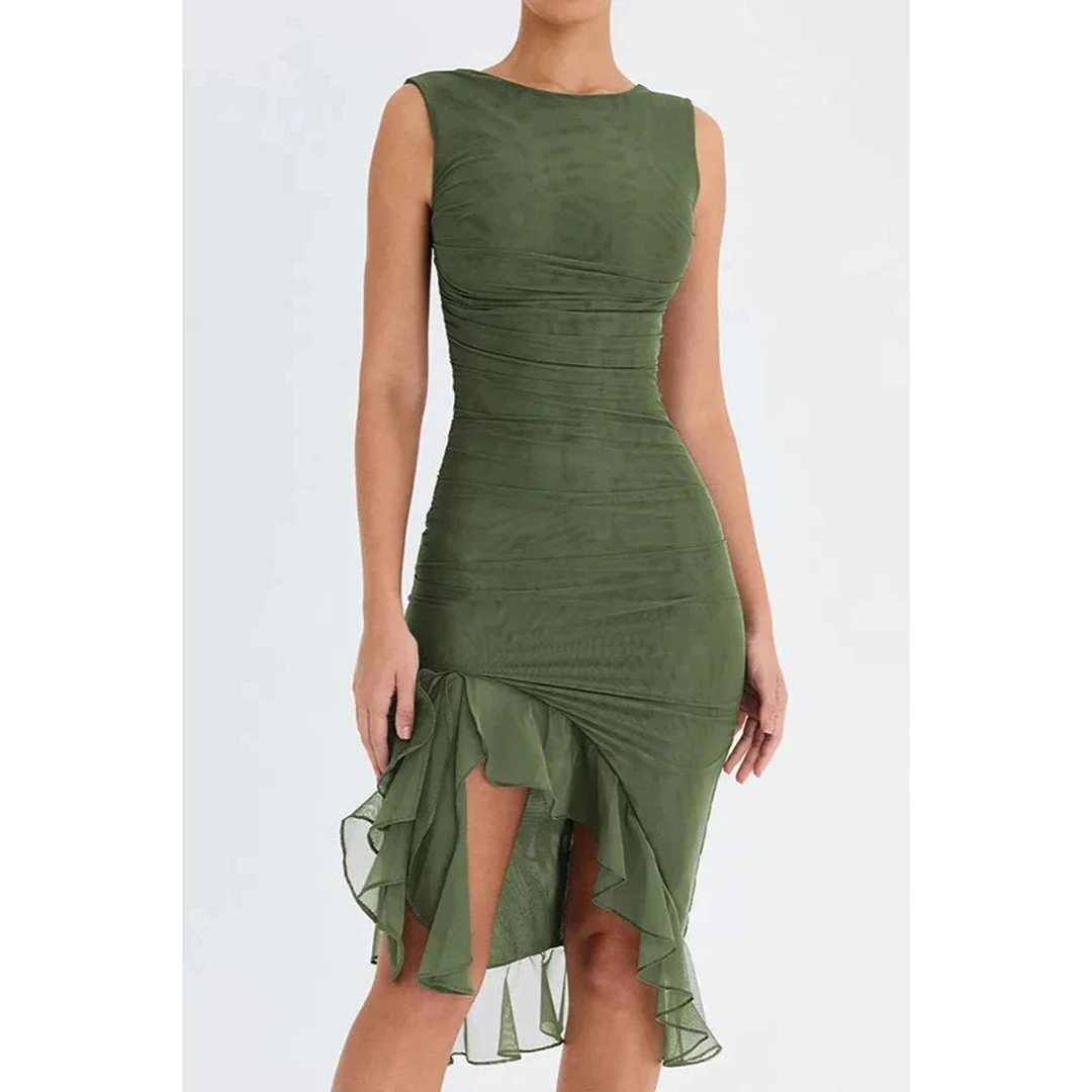 Women Sleeveless Midi Dress Asymmetric Ruffle Hem