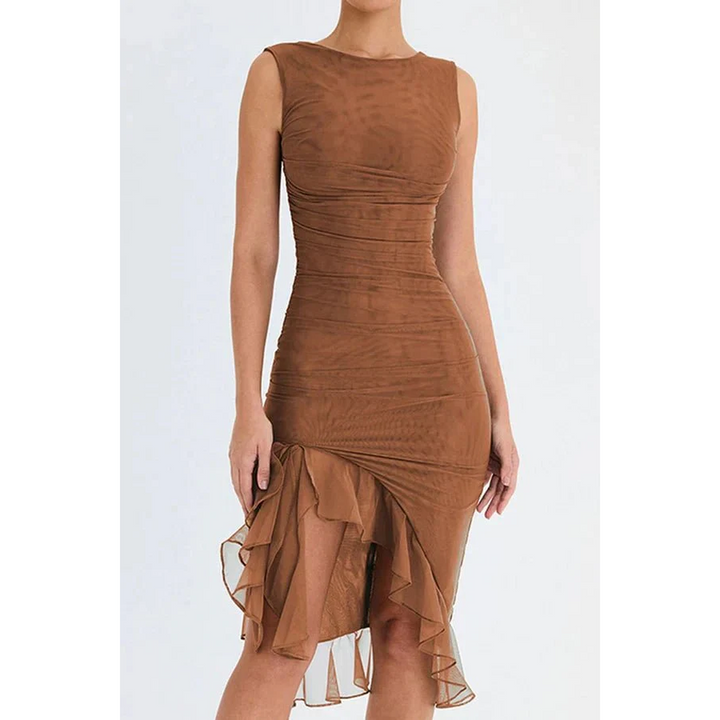 Women Sleeveless Midi Dress Asymmetric Ruffle Hem