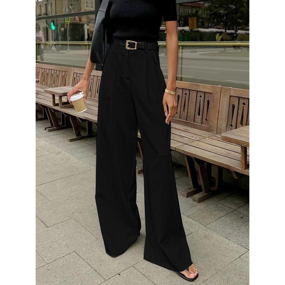 Women Solid Wide Leg Pants High Waist Loose Fit