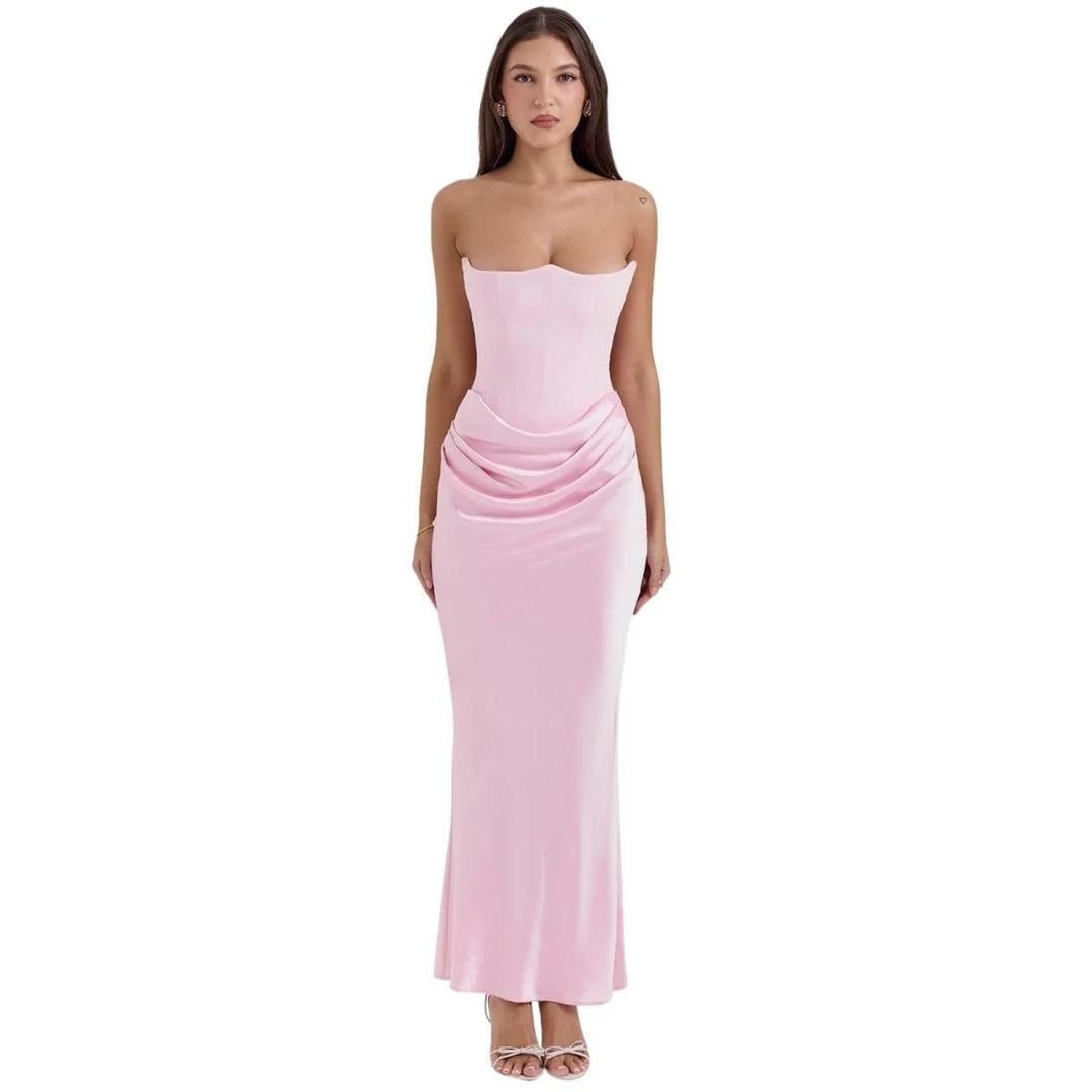 Women Strapless Corset Maxi Dress Ruched Skirt
