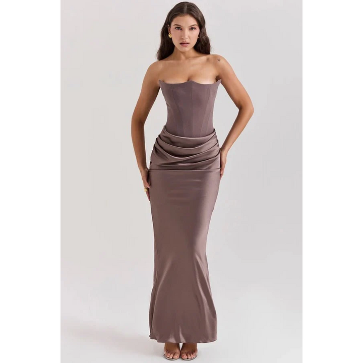 Women Strapless Corset Maxi Dress Ruched Skirt