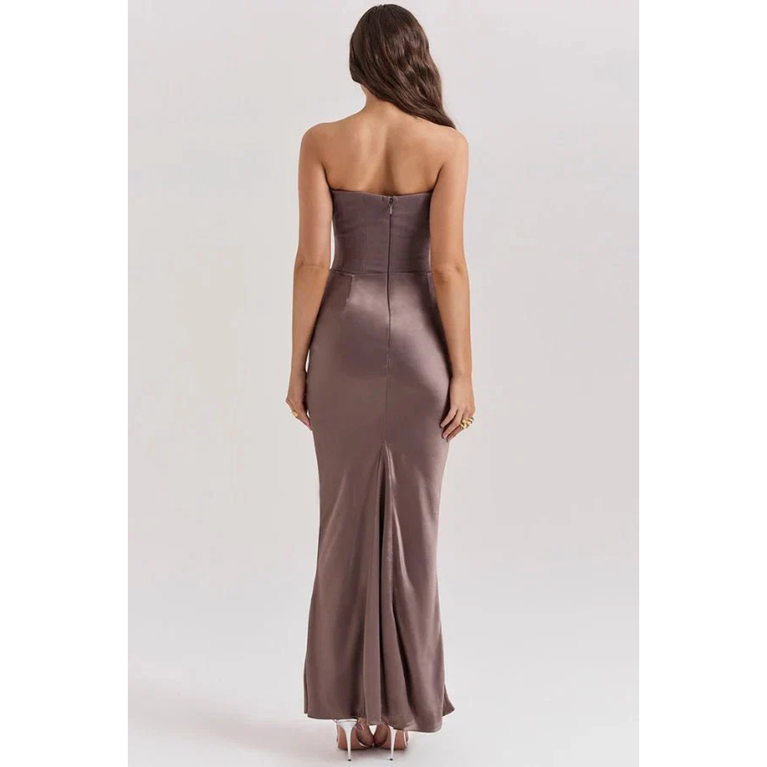 Women Strapless Corset Maxi Dress Ruched Skirt