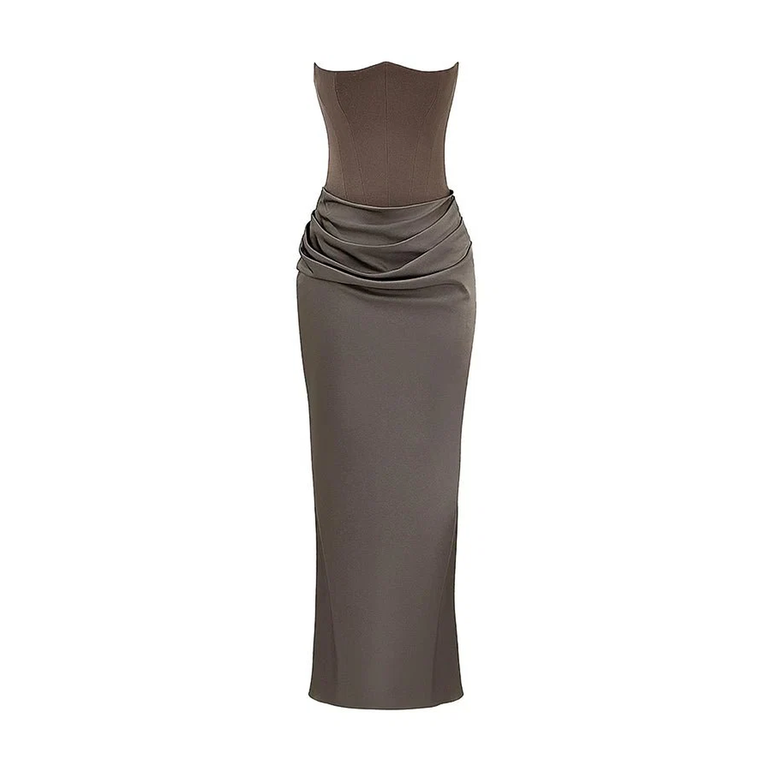 Women Strapless Corset Maxi Dress Ruched Skirt
