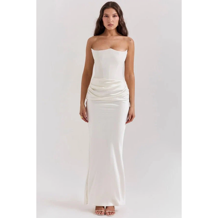 Women Strapless Corset Maxi Dress Ruched Skirt