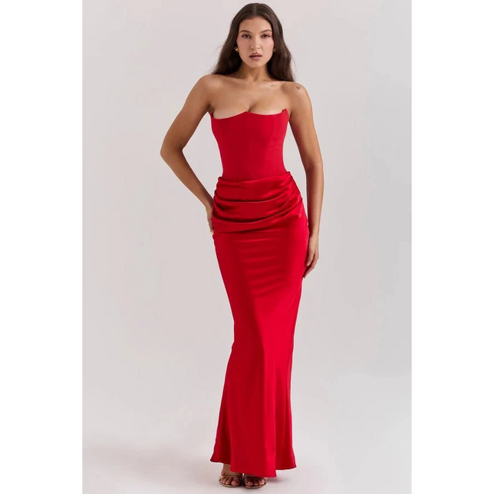 Women Strapless Corset Maxi Dress Ruched Skirt