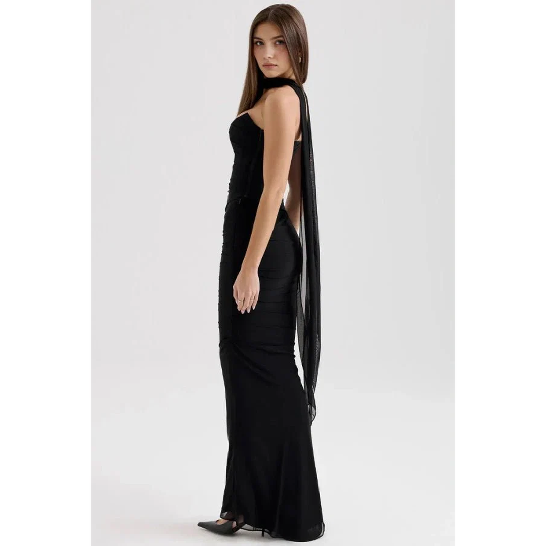 Women Strapless Maxi Dress Draped Mesh