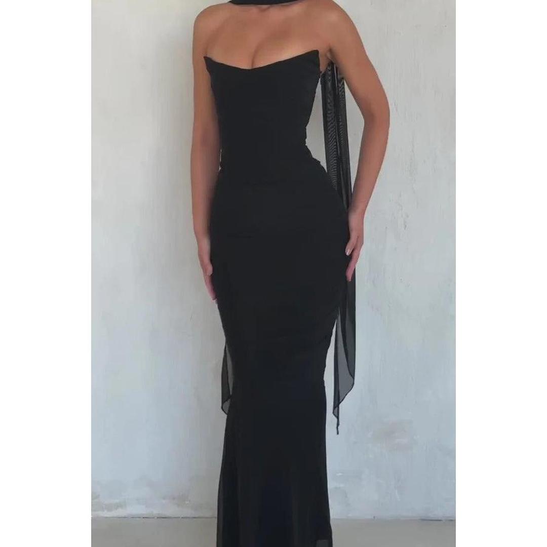 Women Strapless Maxi Dress Draped Mesh