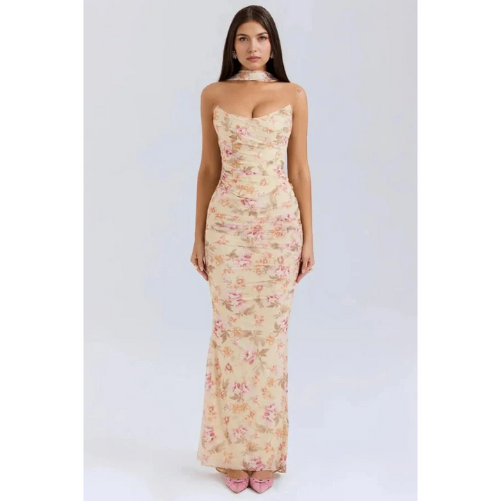 Women Strapless Maxi Dress Draped Mesh