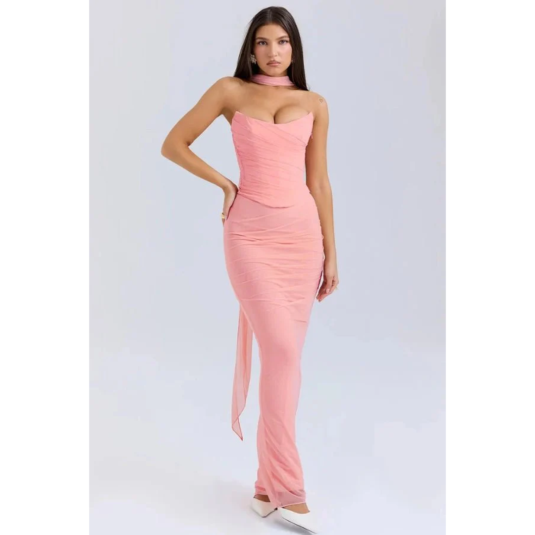 Women Strapless Maxi Dress Draped Mesh