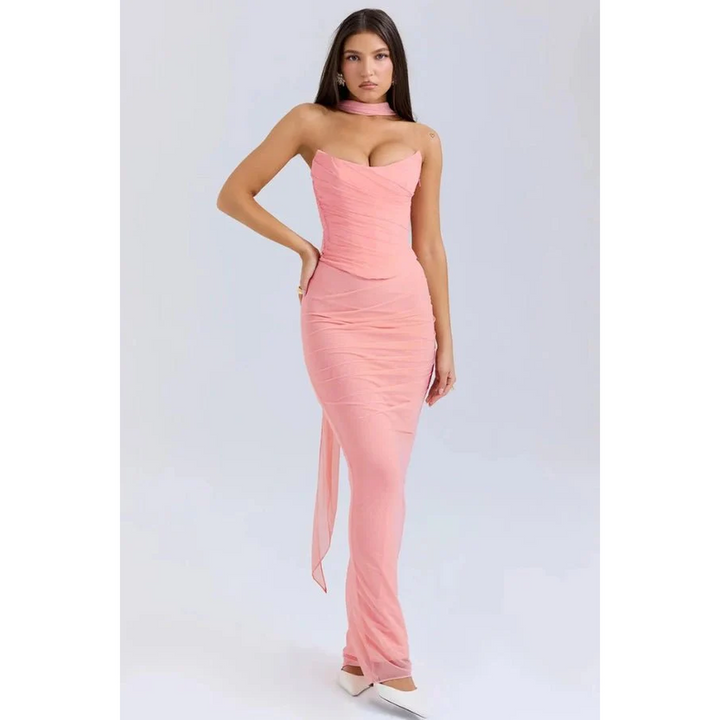 Women Strapless Maxi Dress Draped Mesh
