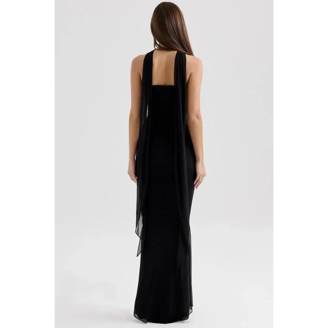 Women Strapless Maxi Dress Draped Mesh