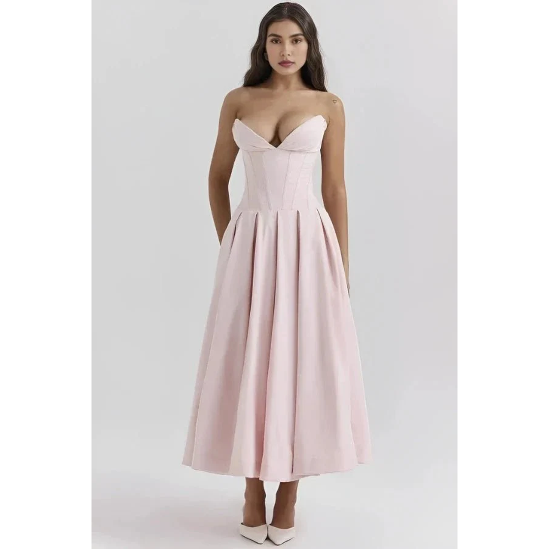 Women Strapless Midi Dress Pleated Skirt