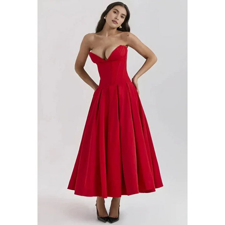Women Strapless Midi Dress Pleated Skirt