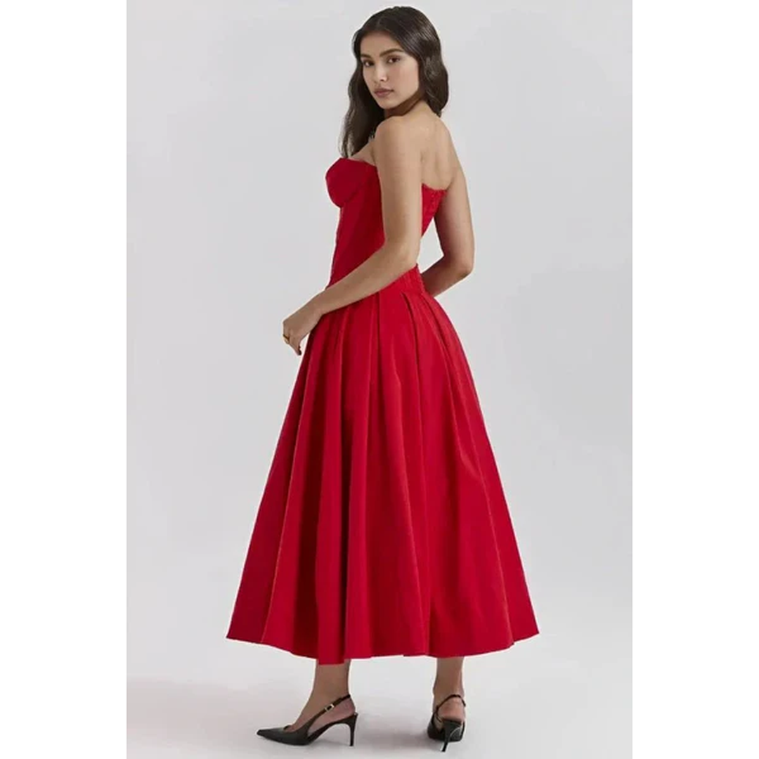 Women Strapless Midi Dress Pleated Skirt
