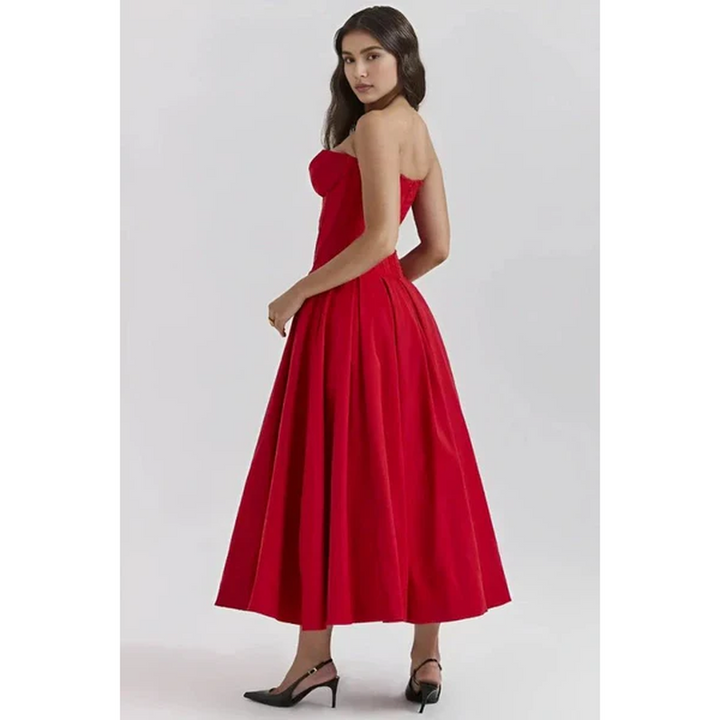 Women Strapless Midi Dress Pleated Skirt