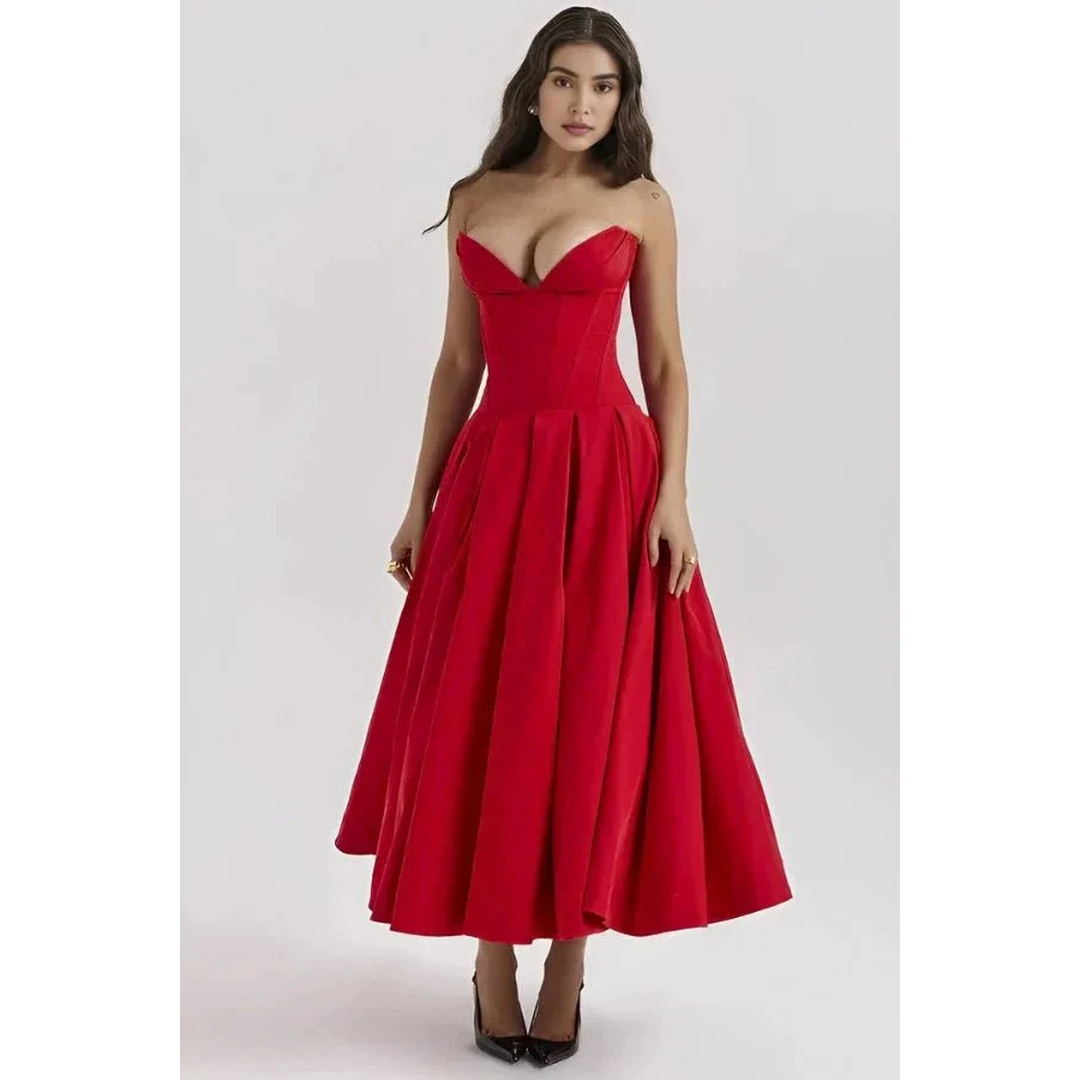 Women Strapless Midi Dress Pleated Skirt