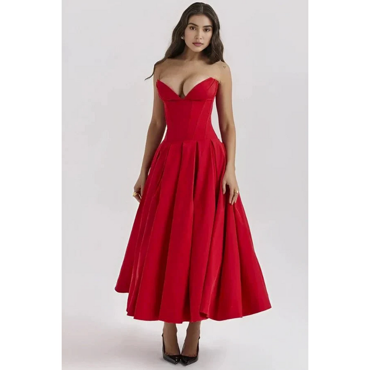 Women Strapless Midi Dress Pleated Skirt