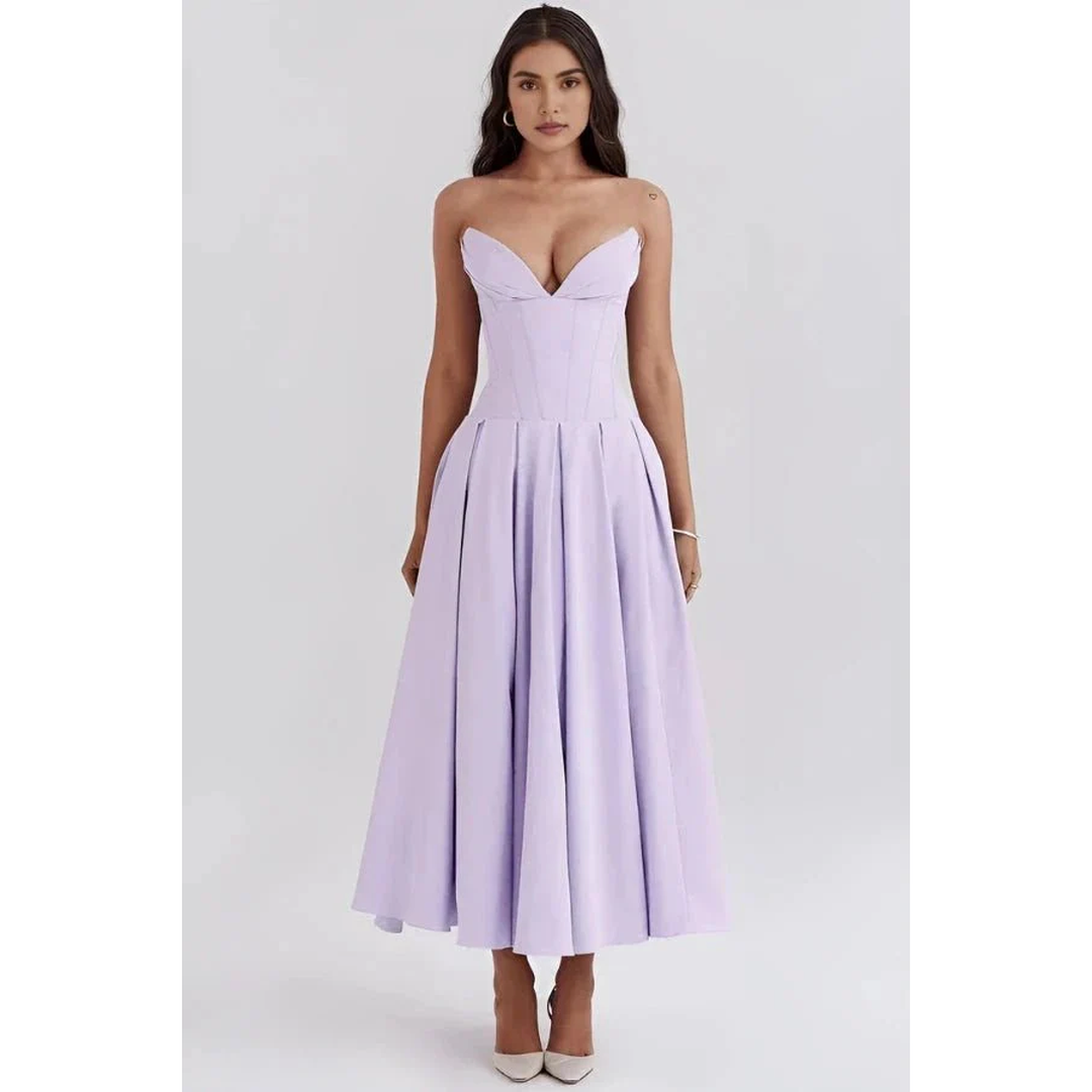 Women Strapless Midi Dress Pleated Skirt