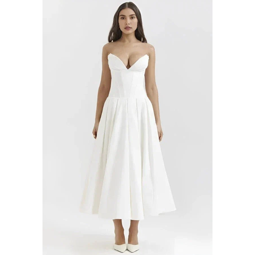 Women Strapless Midi Dress Pleated Skirt