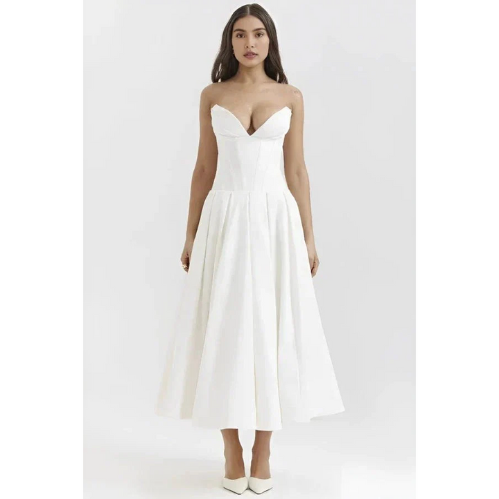 Women Strapless Midi Dress Pleated Skirt