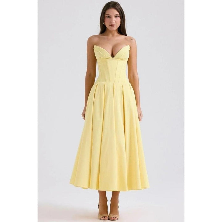 Women Strapless Midi Dress Pleated Skirt