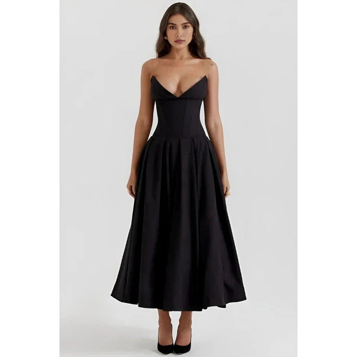 Women Strapless Midi Dress Pleated Skirt