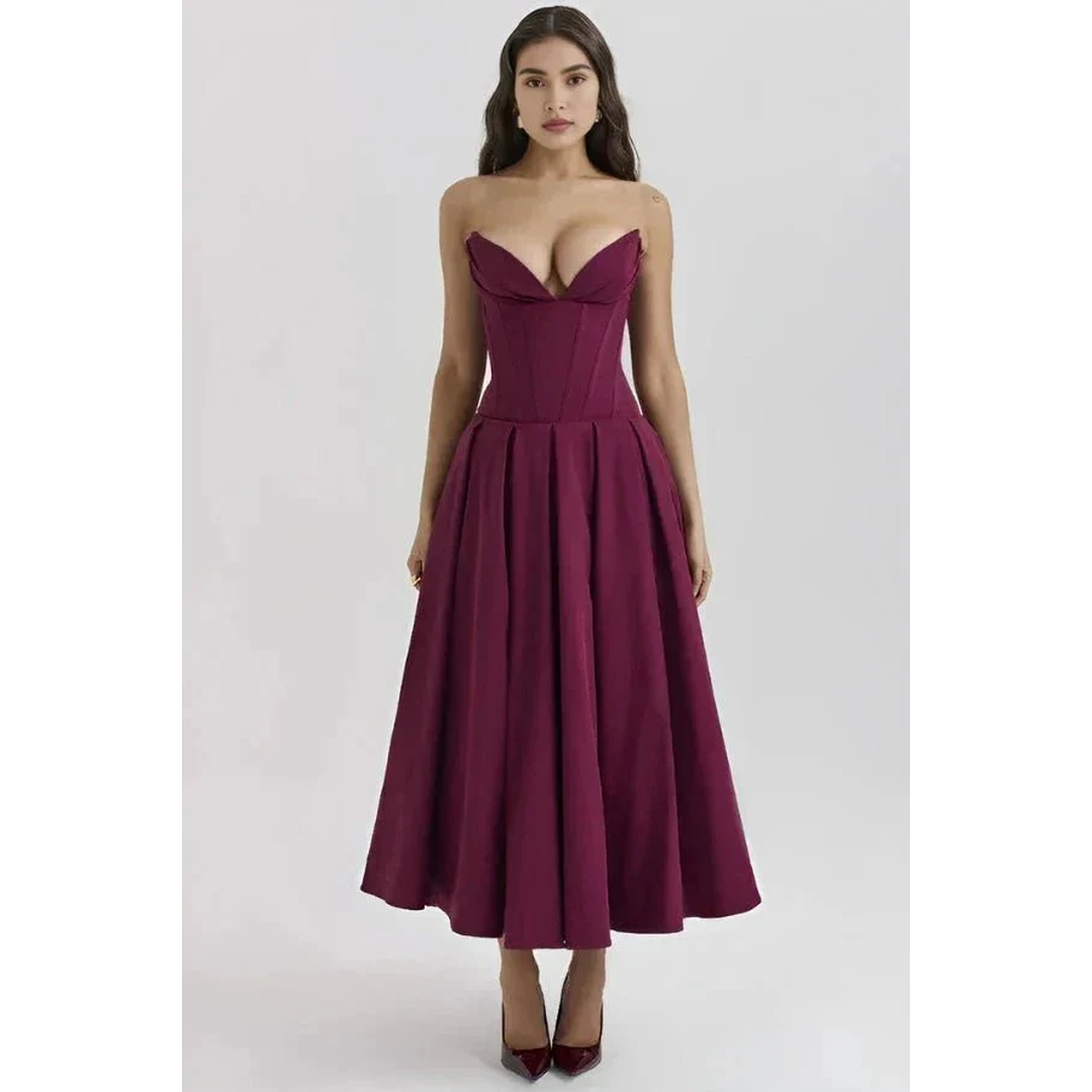 Women Strapless Midi Dress Pleated Skirt