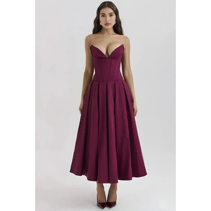 Women Strapless Midi Dress Pleated Skirt