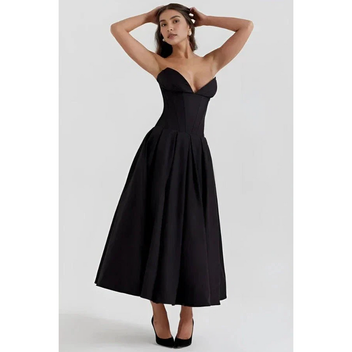 Women Strapless Midi Dress Pleated Skirt