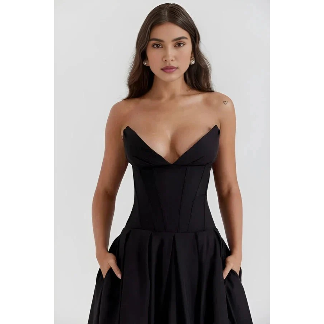 Women Strapless Midi Dress Pleated Skirt