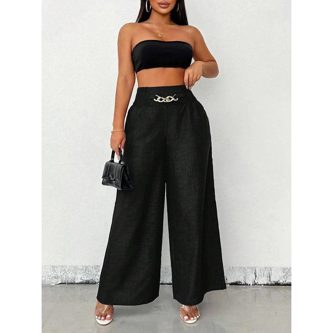 Women Wide Leg Relaxed Fit Elastic Waist Trousers
