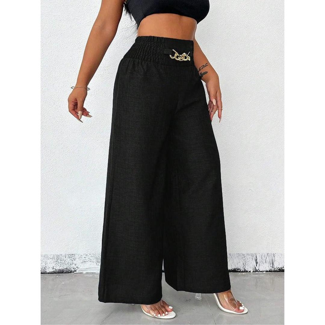 Women Wide Leg Relaxed Fit Elastic Waist Trousers