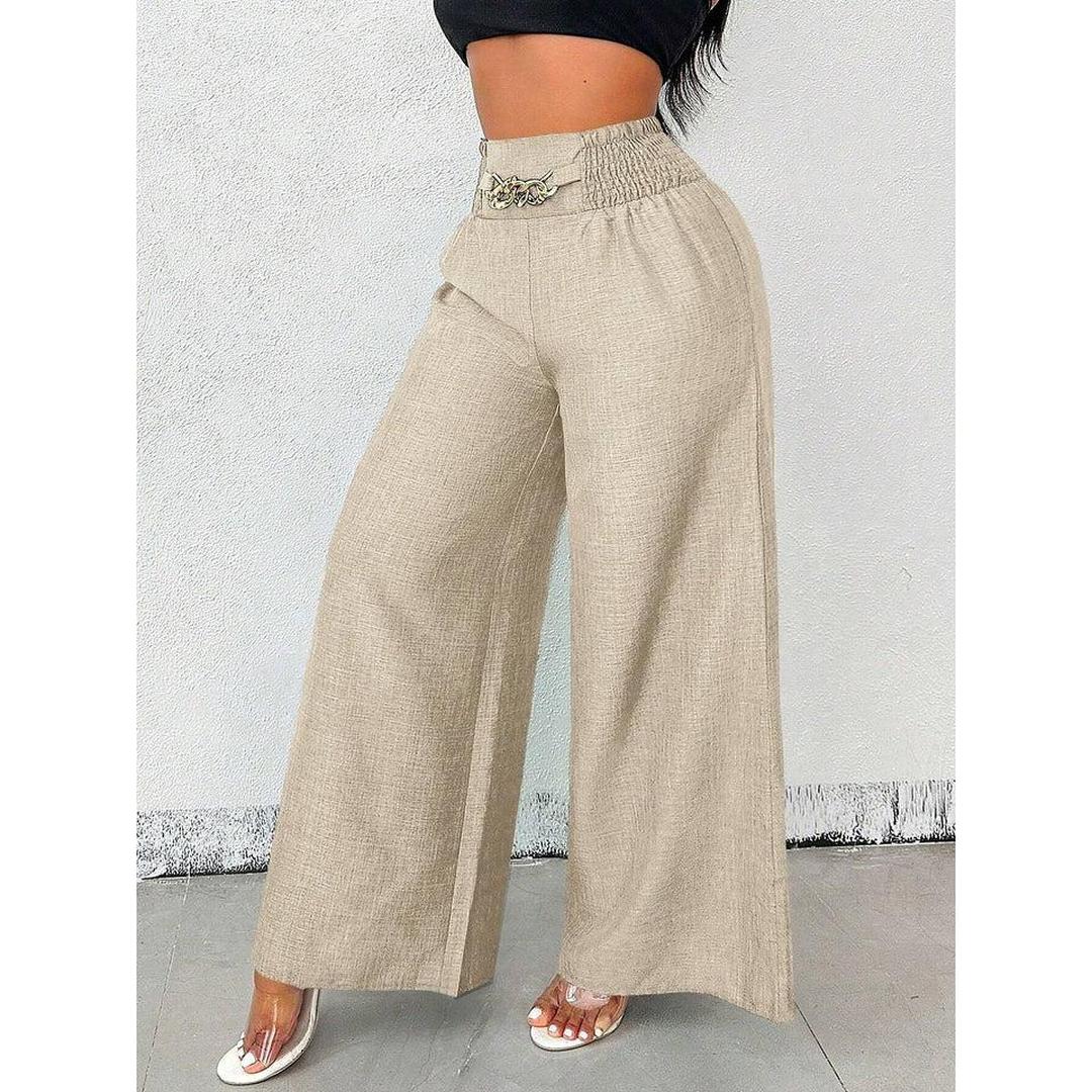 Women Wide Leg Relaxed Fit Elastic Waist Trousers