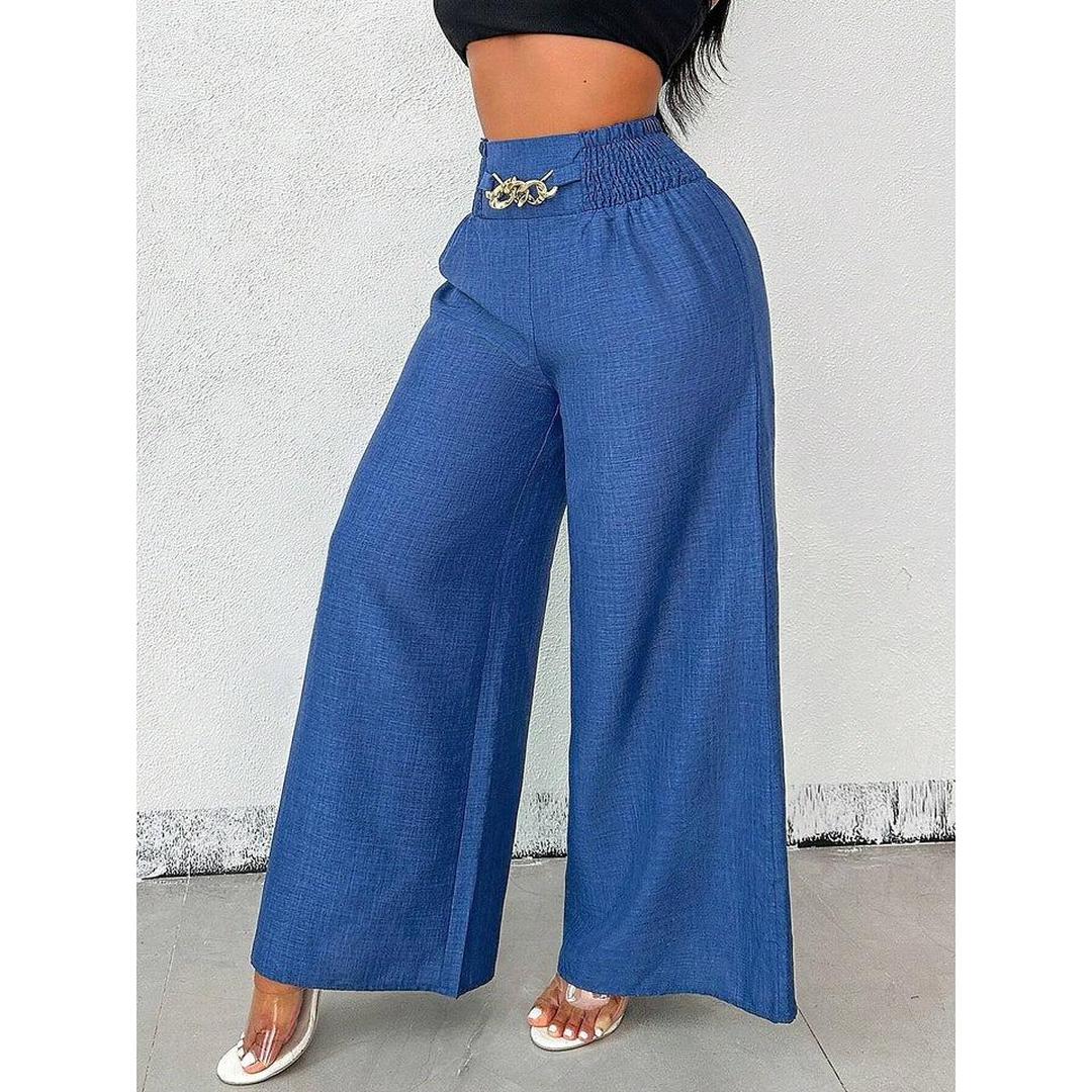Women Wide Leg Relaxed Fit Elastic Waist Trousers