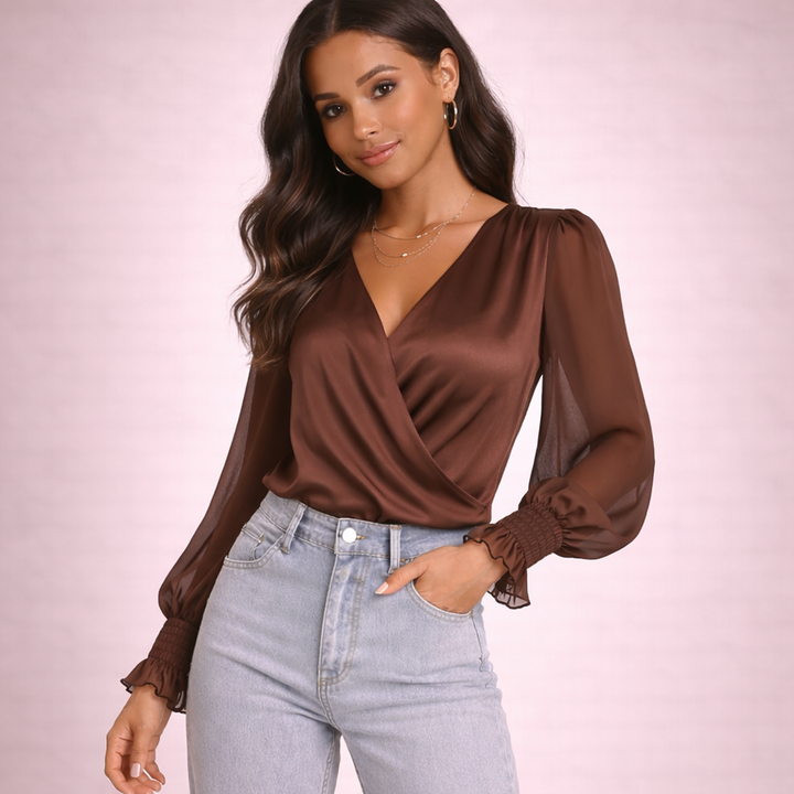 Women Blouse Long Sleeve V Neck Wrap Front Sheer Sleeve