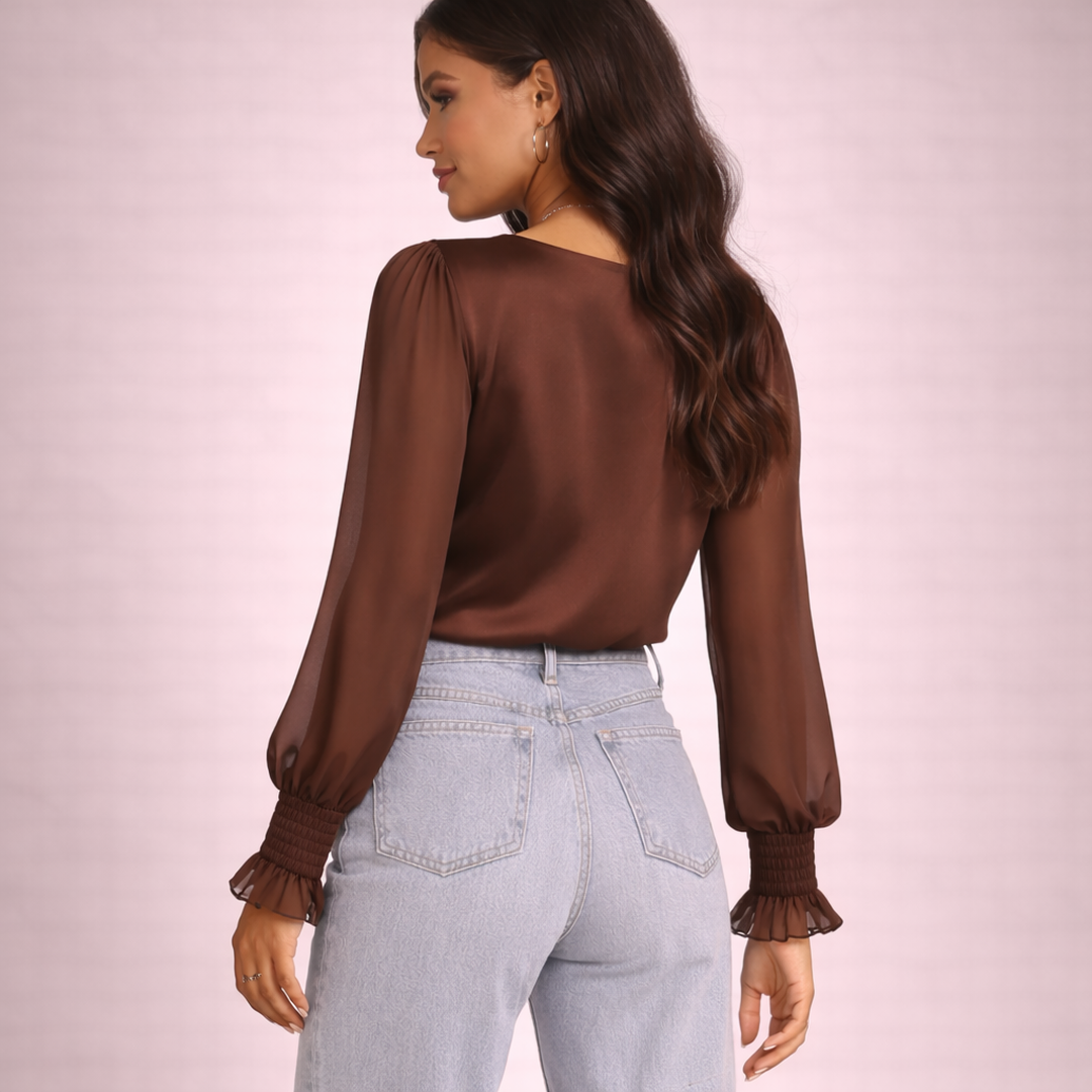 Women Blouse Long Sleeve V Neck Wrap Front Sheer Sleeve