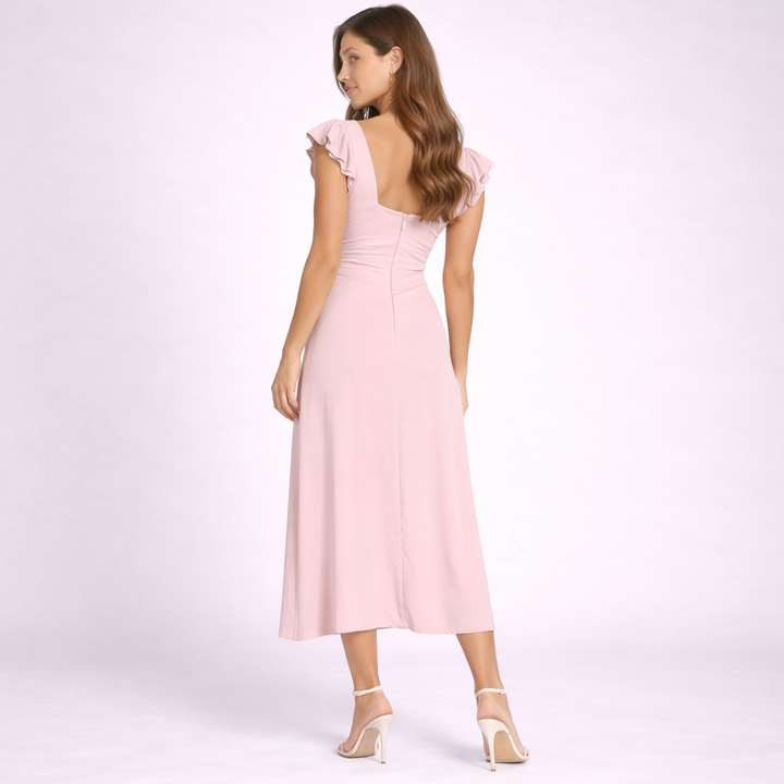 Women Dress Short Sleeve V Neck Wrap Front Midi Button Detail