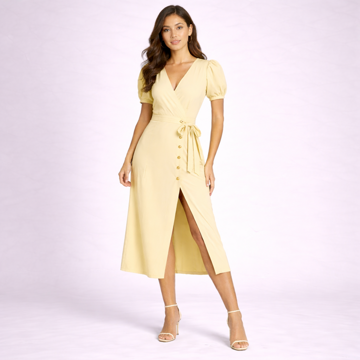 Women Dress Short Sleeve V Neck Wrap Front Midi