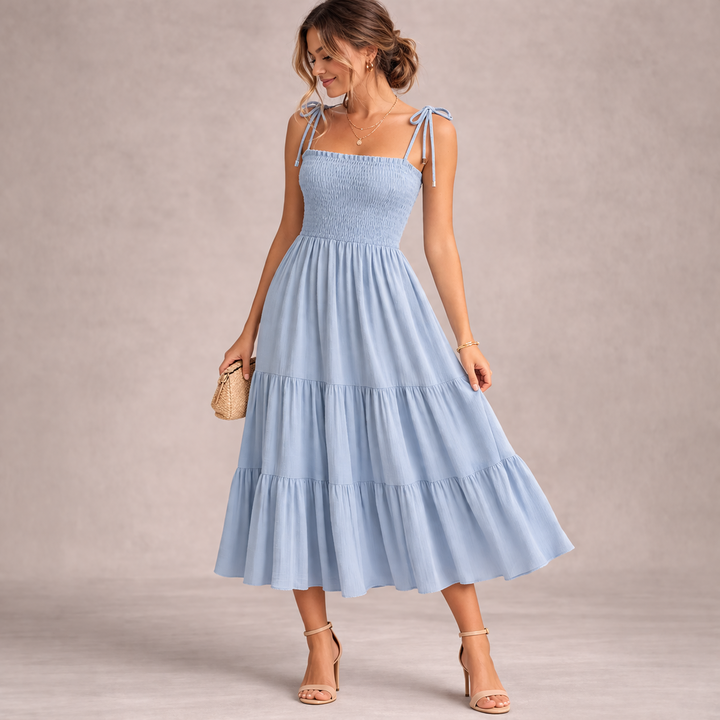 Women Dress Sleeveless Square Neck Smocked Bodice Midi