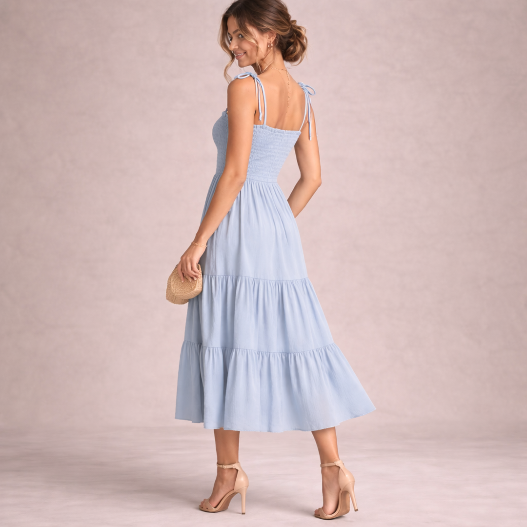 Women Dress Sleeveless Square Neck Smocked Bodice Midi