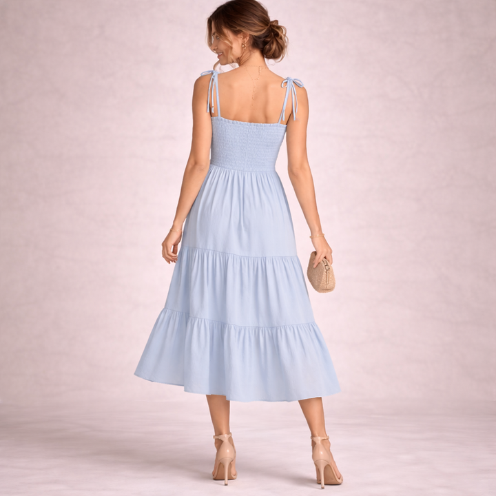 Women Dress Sleeveless Square Neck Smocked Bodice Midi