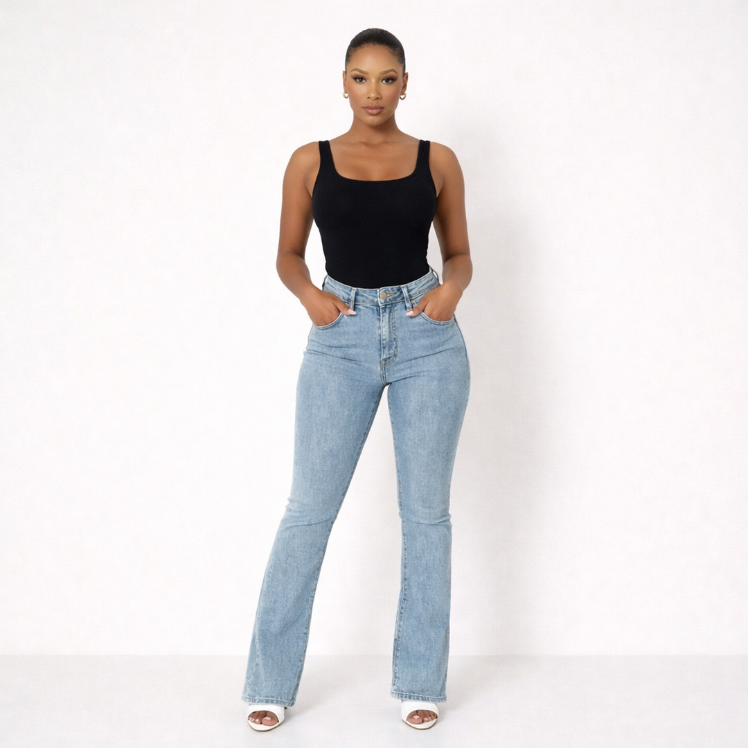 Women Jeans High Waist Flared Leg Stretch Denim