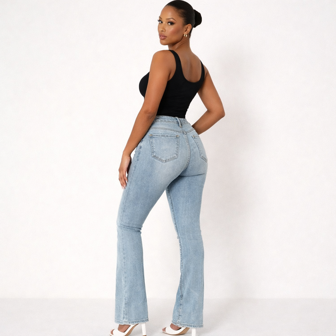 Women Jeans High Waist Flared Leg Stretch Denim
