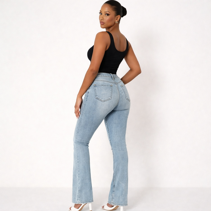 Women Jeans High Waist Flared Leg Stretch Denim